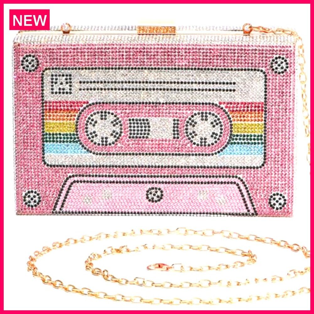 Rhinestone Evening Clutch Purse Radio Shape Design Compact 7x4 Inches - Picture 2 of 8